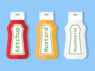 Plastik ketçap hardal yemek sıkmak etiket şişe izole ürün. Hardal ketçap Fast Food sıkmak etiket vektör 