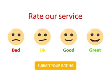 Bizim hizmet Emoji tepki değerlendirme, İnceleme, geri bildirim, smiley göndermek ölçek ifadeler beğeni düzeyi memnuniyeti vektör simgeler değerlendirme oranı