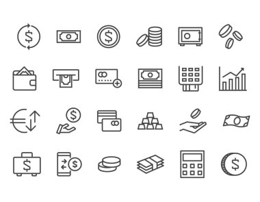Para basit bir Set vektör hat simgeleri ile ilgili. M-cüzdan, Atm, paket para, el yazı tura ve daha fazla olarak böyle simgeleri içerir. Düzenlenebilir inme. 48 x 48 piksel mükemmel.