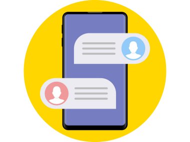 Cep telefonu sohbet mesaj bildirimleri illüstrasyon renk arka plan üzerinde izole smartphone ile el ve kabarcık konuşmalar, çevrimiçi konuşma, kavram sohbet konuşun, konuşma, vektör simge iletişim