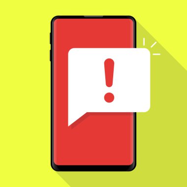 Bildirim smartphone ekran üzerinde ünlem işareti olan. Düz stil vektör çizim