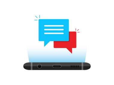 Cep telefonu sohbet mesaj bildirimleri illüstrasyon renk arka plan üzerinde izole smartphone ile el ve kabarcık konuşmalar, çevrimiçi konuşma, kavram sohbet konuşun, konuşma, vektör simge iletişim