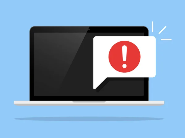 Laptop ile zarf ve belge ekranda ünlem işareti ile. Bildirim, uyarı iletisi, uyarı alırsınız, e-posta, e-posta almak, kavramları spam. Düz tasarlamak vektör