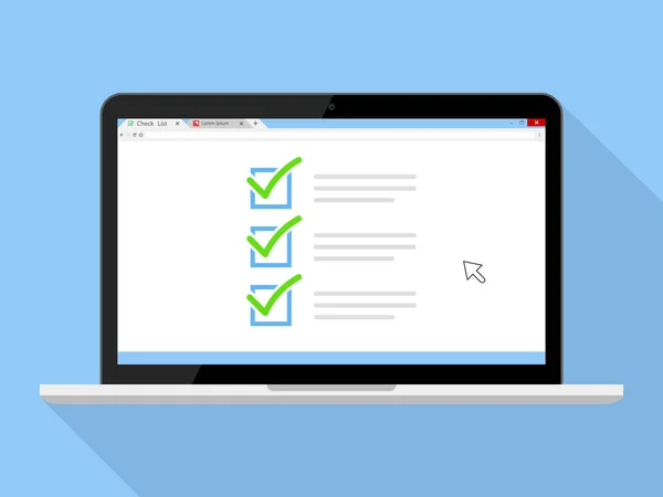 Dizüstü ekran onay kutularını. Onay kutuları ve yeşil onay işaretli. Web afiş, web siteleri, infographics için modern kavram. Yaratıcı düz tasarım vektör illüstrasyon izole mavi arka plan üzerinde
