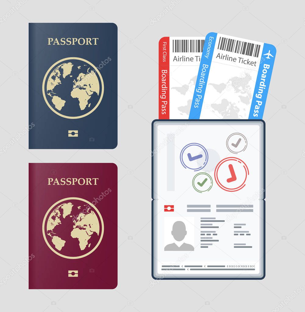 Set Vector passport with tickets Air travel concept. Flat Design citizenship ID for traveler isolated. Blue international document - passports illustration