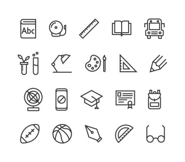 Okul basit bir Set ilgili vektör hat simgeler konular. Tarih, matematik, biyoloji, kimya, geometri ve daha böyle simgeler içerir. Düzenlenebilir inme. 48 x 48 piksel mükemmel.
