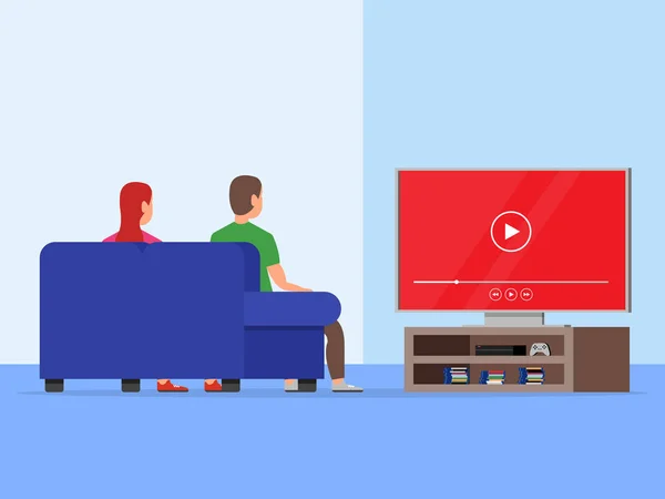 Akıllı Tv oturma odasında birlikte günlük online video izlerken kadın ve adam. Vektör çizim. İzlerken Tv kavramı