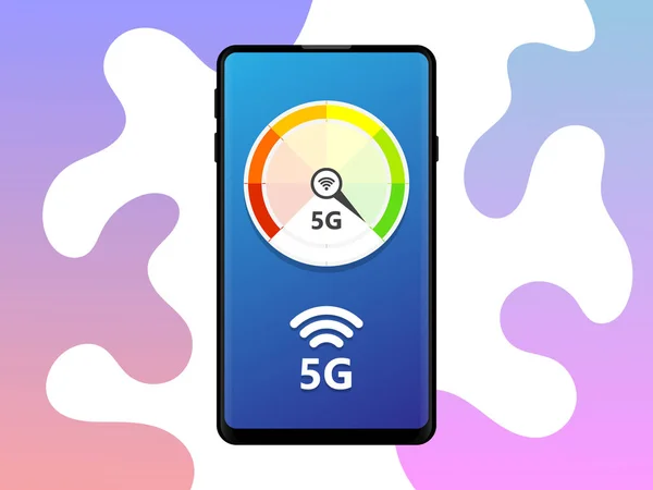 插图智能手机速度计和5G 5克新的无线上网无线网络连接 全球第五届创新一代高速互联网 矢量概念 — 图库矢量图片