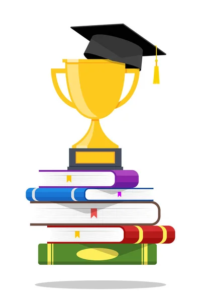 Stack Books Trophy Graduation Cap Top Business Success Education Concept — Stock Vector