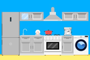 Düz illüstrasyon vektör yemek mutfak iç mobilya çatal bıçak takımı yemek takımı