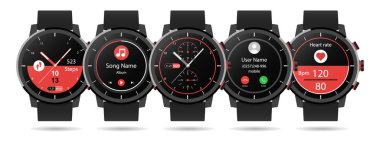 Akıllı seyretmek kalp hızı monitör ara e-posta müzik oyuncu adımları vektör simge illüstrasyon kavramı ayarla