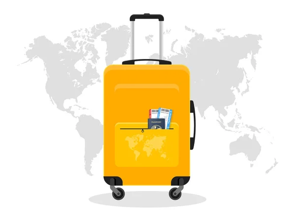 トラベル バッグ 白い背景で隔離の荷物 スーツケース パスポート夏の時間 観光の概念です ベクトル図です フラット スタイルのデザイン — ストックベクタ