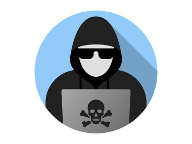 Dizüstü bilgisayar simgesinin hacker. Hacker dizüstü vektör simgesinin web tasarımı için düz illüstrasyon