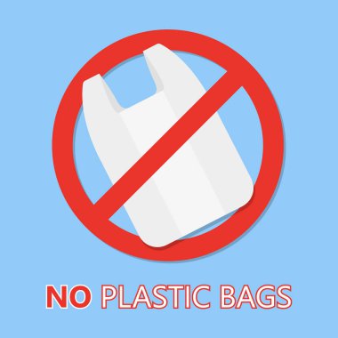 Plastik Çanta sadece Eko çanta kirliliği sorunu kavramı yok. Selofan ve polietilenler yasak işareti mağaza ve dükkanlar için paket. Vektör illüstrasyon izole