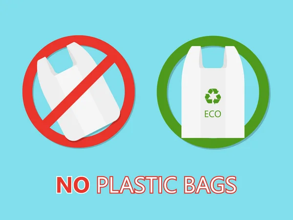 プラスチック バッグのみエコ バッグ汚染問題概念がないです セロファン ポリエチレンは 店舗やショップのため禁止標識をパッケージ化します 分離したベクトル図 — ストックベクタ