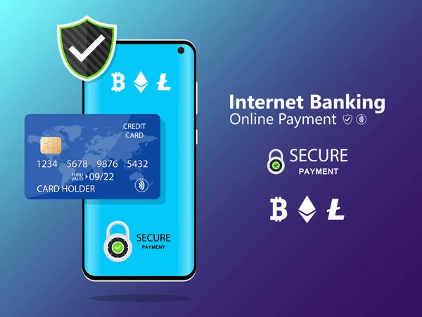 Mobile phone and internet banking. online payment security transaction via credit card. protection shopping wireless pay through smartphone. digital technology transfer pay.