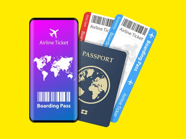 オンライン航空券とパスポートを購入するためのコンセプト ベクトルイラスト — ストックベクタ