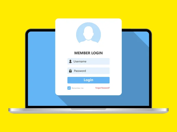 Laptop Dengan Halaman Log Masuk Layar Halaman Registrasi Desain Datar - Stok Vektor