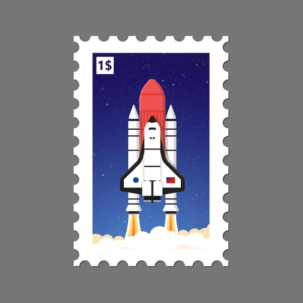 Sello Postal Con Lanzamiento Cohetes Ilustración Espacial — Vector de stock