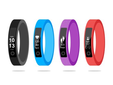 Set Smart Band App Cep Telefonu Spor bilezik. Fitness bandı çalıştırmak izci vektör illüstrasyon. Çalışan aktivite adımları sayaç ve kalp atışı darbe ölçer ile Düz karikatür bileklik