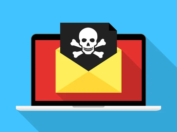 Laptop Kopertę Czarną Ikonę Dokumentu Czaszki Wirusów Malware Oszustw Mail — Wektor stockowy