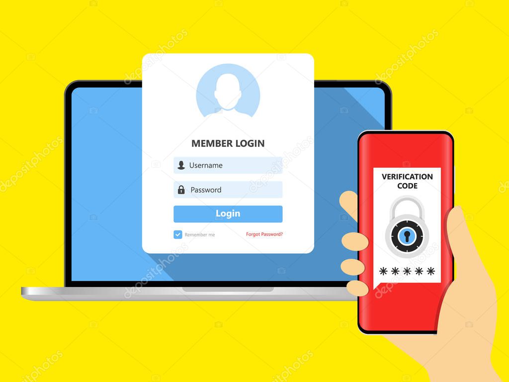 Two step authentication vector illustration, flat cartoon smartphone and computer safety login or signin, two steps verification via mobile phone and pc