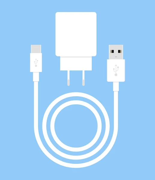 Cargador Para Smartphone Sobre Fondo Azul Cable Largo Alambre Blanco — Archivo Imágenes Vectoriales