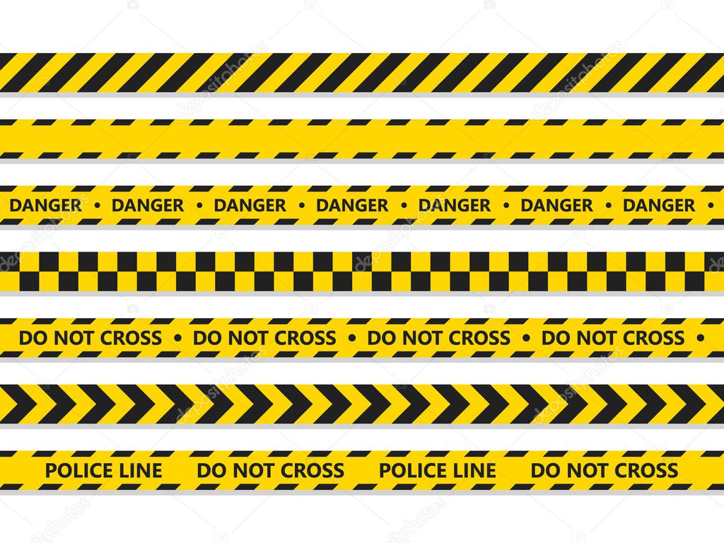 Crime line tape. Police danger caution vector yellow barrier. Not cross security line