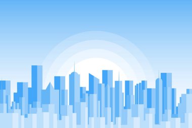 Şehir manzarası vektör çizim. Kentsel peyzaj. Mavi şehir silueti. Cityscape düz tarzı. Modern şehir manzarası. Cityscape arka planlar. Gündüz şehir manzarası