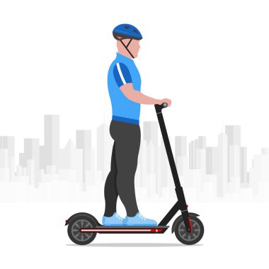 Adam elektrikli scooter kullanıyor modern şehir manzarası. Ekoloji taşıma konsepti. Düz stil. Vektör illüstrasyonu