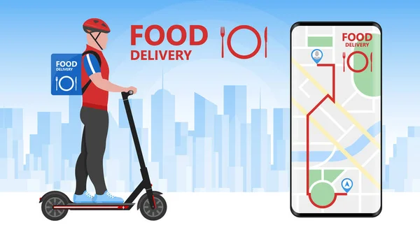 Fast Food Delivery Electric Scooter Mobiltelefon Térkép Illusztrációs Vektor — Stock Vector