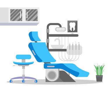 Ayarlanabilir el parçaları, lavabo, lamba ve rafları olan dişçi koltuğu ünitesi. Modern dişçilik ekipmanları. Dişçi ofisi. Dişçilik ya da stomatoloji kliniği içi. Düz vektör illüstrasyonu