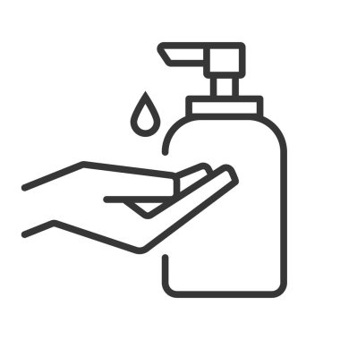  Hijyen prosedürü, hastalık önleme. Vektör dezenfektan ve antiseptik alkol jeli sembolü. Sağlık hizmetleri ellerini sabunla, antibakteriyel ikonla yıkıyor.