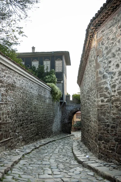 Geleneksel Evleri Arnavut Kaldırımlı Sokakta Eski Şehir Plovdiv Bulgaristan — Stok fotoğraf