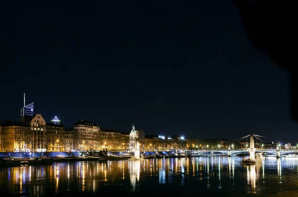 Central Old Town Lyon City Rhone River Side View Night — стоковое фото