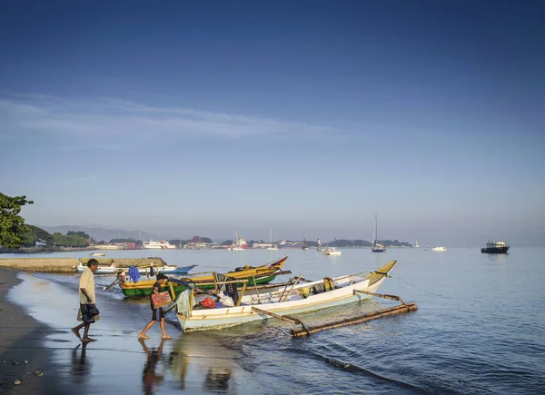 Costa Con Barcos Pesca Tradicionales Dili Playa Timor Oriental Leste — Foto de Stock