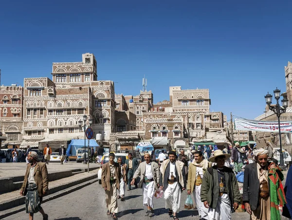 Merkez Sanaa Sana Şehir Tarihi Kent Sokak Pazar Yemen Kare — Stok fotoğraf