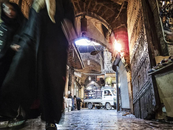 Drukke Souk Markt Winkelstraat Oude Stad Van Aleppo Syrië — Stockfoto