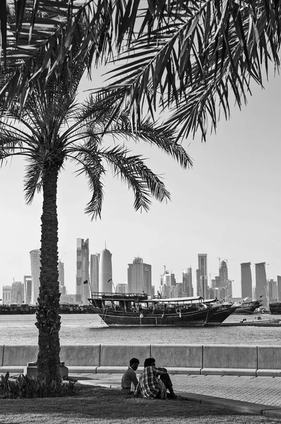 Doha Cidade Skyline Vista Qatar Preto Branco — Fotografia de Stock