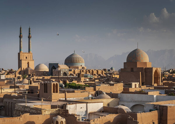 rooftops downtown mosque and landscape view of yazd city old town in iran