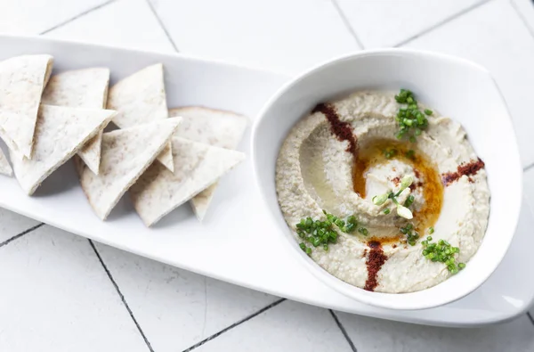 Organický Středního Východu Humus Pita Chléb Set Občerstvení Tel Aviv — Stock fotografie