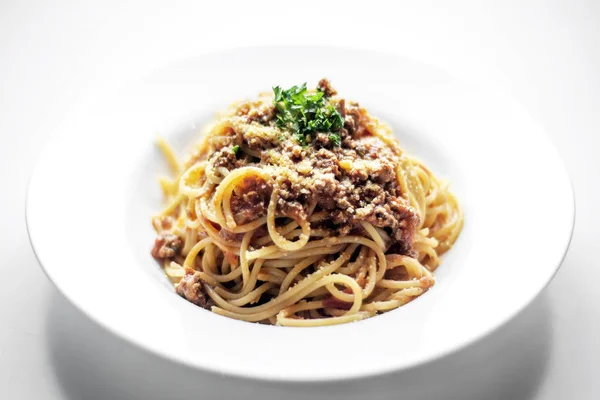 Pasta Espaguetis Boloñesa Boloñesa Con Carne Res Tomate Plato Salsa — Foto de Stock