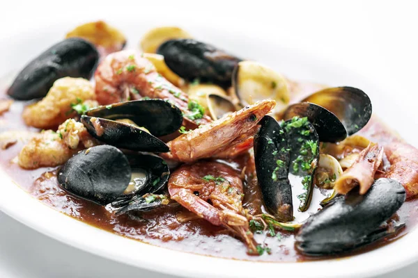 Sicilian Mixed Fresh Seafood Stew Prawns Mussels Scallops Clams Spicy — Stock Photo, Image