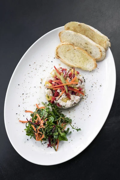 Raw Marinated Sea Bass Fish Ceviche Salad Modern Gourmet Fusion — Stock Photo, Image