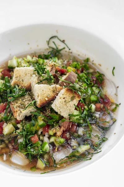 Português Algarve Estilo Tradicional Frio Vegetal Gaspacho Sopa Tigela Branca — Fotografia de Stock