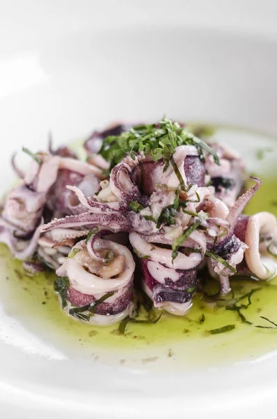 Portuguese traditional fresh seafood marinated squid salad in co — Stock Photo, Image