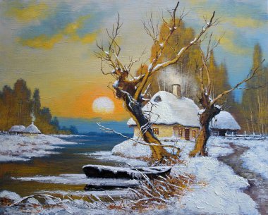 Yağlıboya tablolar kış manzarası. Eski köy, nehir. Güzel Sanatlar.