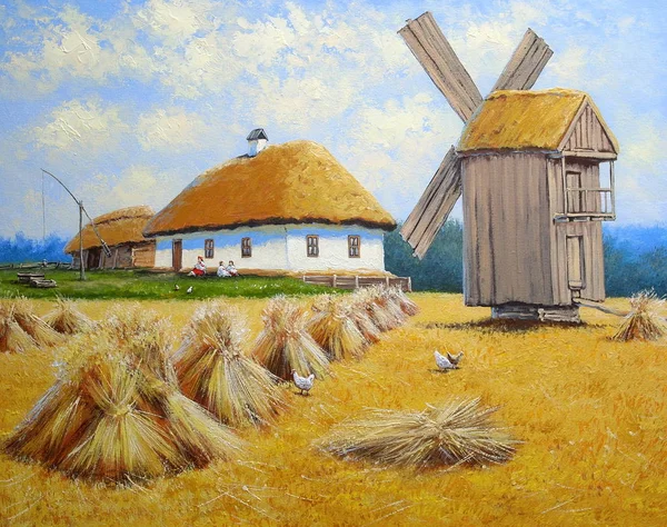 Pinturas Óleo Paisaje Rural Antiguo Pueblo Campo Molino Viento Bellas — Foto de Stock