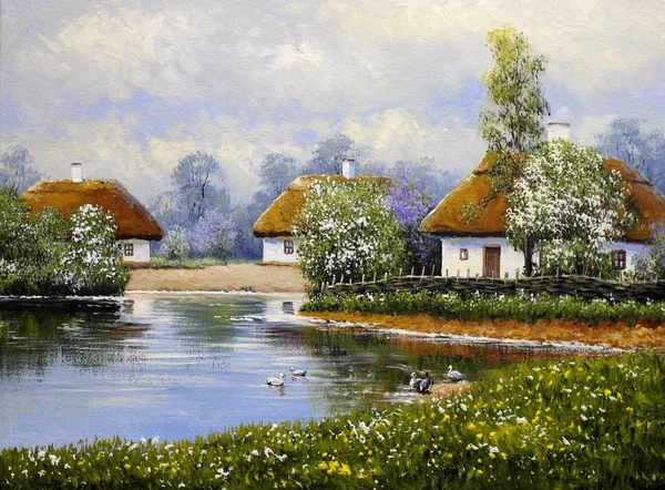 Peintures Huile Paysage Rural Vieux Village Beaux Arts — Photo