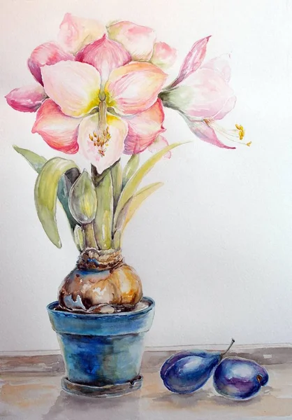 Watercolor paintings still life, flowers in a vase, fine art.